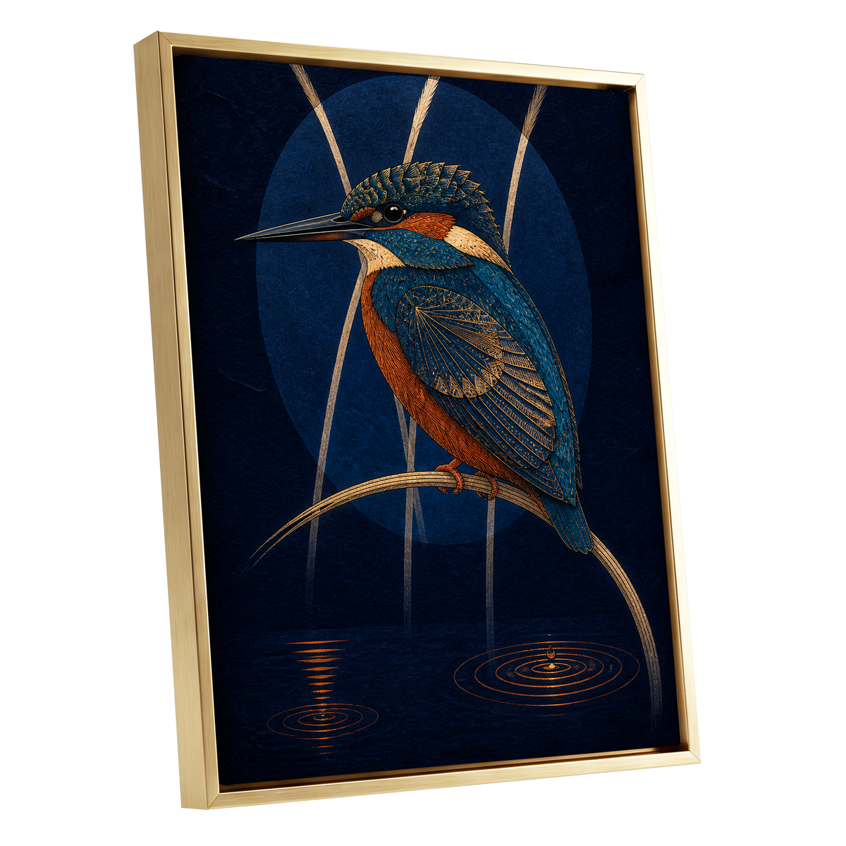 Kingfisher After Dark, blue, orange, gold nature wall art shown as a gold framed canvas wall art