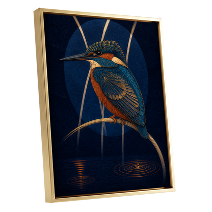 Kingfisher After Dark, blue, orange, gold nature wall art shown as a gold framed canvas wall art