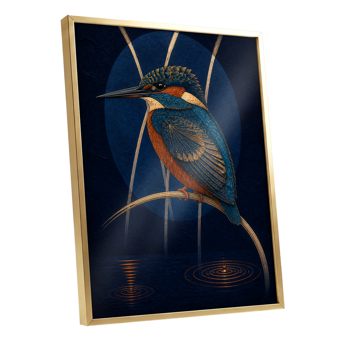 Kingfisher After Dark, blue, orange, gold nature wall art shown as a gold framed poster wall art print