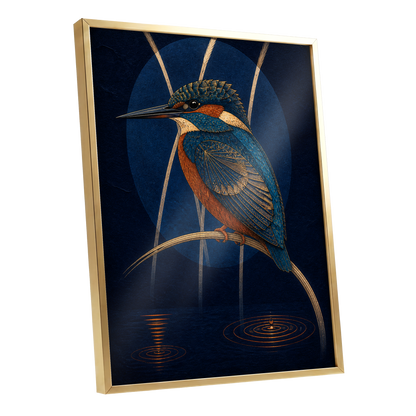 Kingfisher After Dark, blue, orange, gold nature wall art shown as a gold framed poster wall art print
