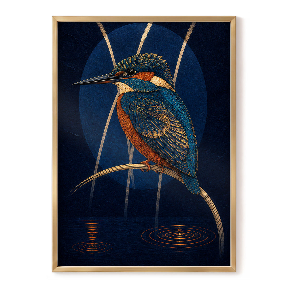 Kingfisher After Dark, blue, orange, gold nature wall art, front artwork view