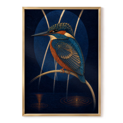Kingfisher After Dark, blue, orange, gold nature wall art, front artwork view