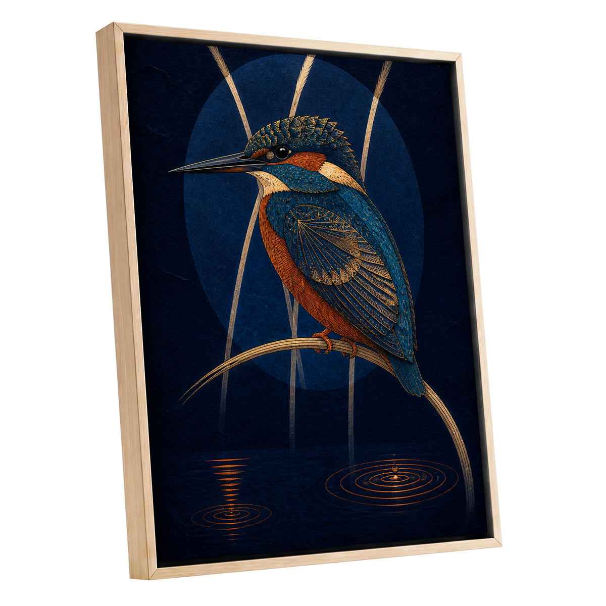 Kingfisher After Dark, blue, orange, gold nature wall art shown as a oak framed canvas wall art