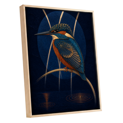 Kingfisher After Dark, blue, orange, gold nature wall art shown as a oak framed canvas wall art
