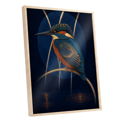 Kingfisher After Dark, blue, orange, gold nature wall art shown as a oak framed poster wall art print