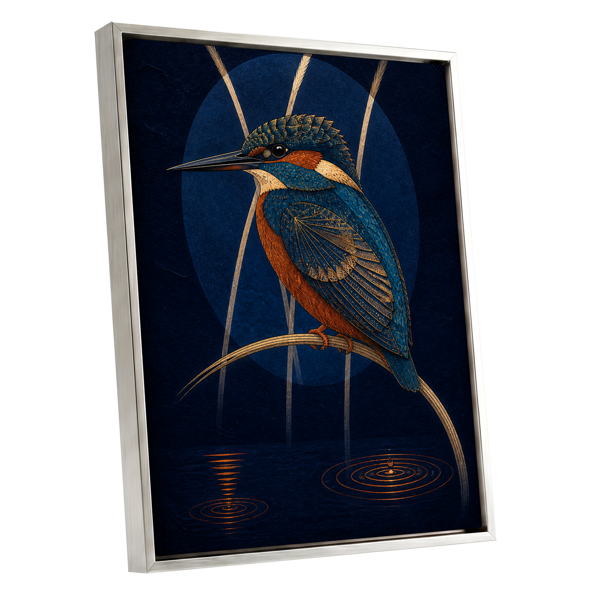 Kingfisher After Dark, blue, orange, gold nature wall art shown as a silver framed canvas wall art