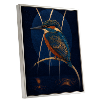 Kingfisher After Dark, blue, orange, gold nature wall art shown as a silver framed canvas wall art