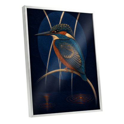 Kingfisher After Dark, blue, orange, gold nature wall art shown as a silver framed poster wall art print