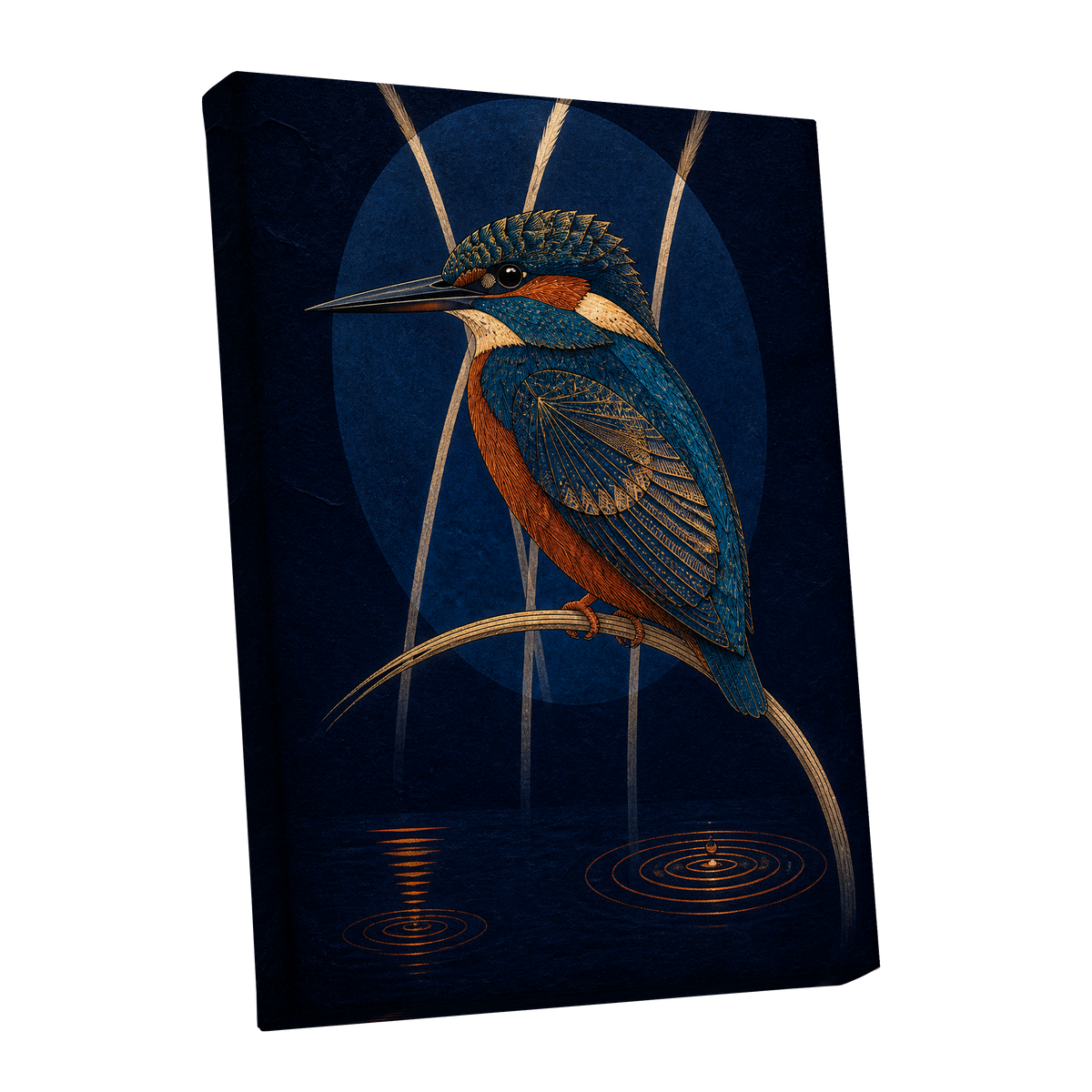 Kingfisher After Dark, blue, orange, gold nature wall art shown as a stretched canvas wall art