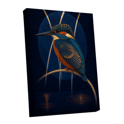 Kingfisher After Dark, blue, orange, gold nature wall art shown as a stretched canvas wall art