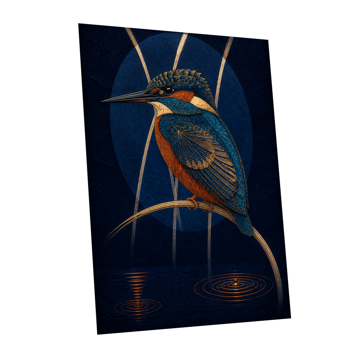 Kingfisher After Dark, blue, orange, gold nature wall art shown as a unframed poster wall art print
