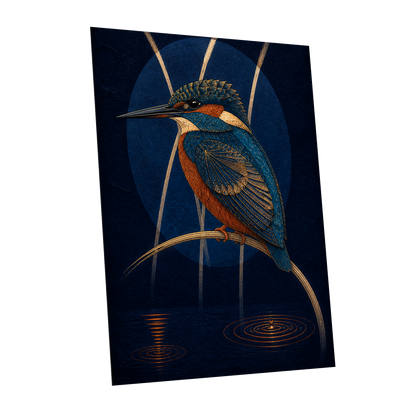 Kingfisher After Dark, blue, orange, gold nature wall art shown as a unframed poster wall art print