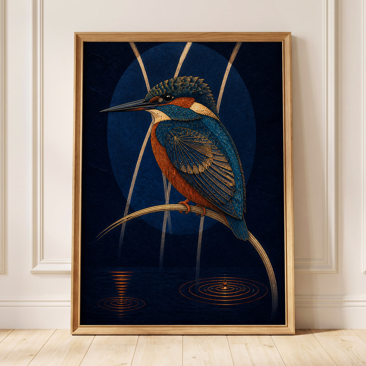 Kingfisher After Dark, blue, orange, gold nature wall art displayed in a styled interior, gallery view 2