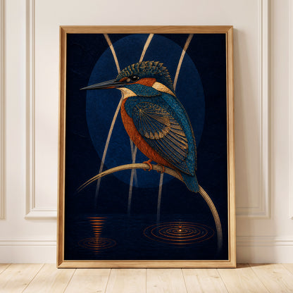 Kingfisher After Dark, blue, orange, gold nature wall art displayed in a styled interior, gallery view 2