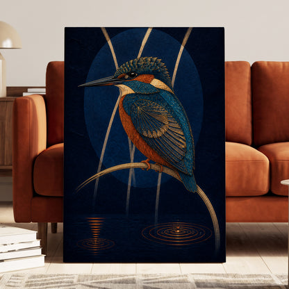 Kingfisher After Dark, blue, orange, gold nature wall art displayed in a styled interior, gallery view 3