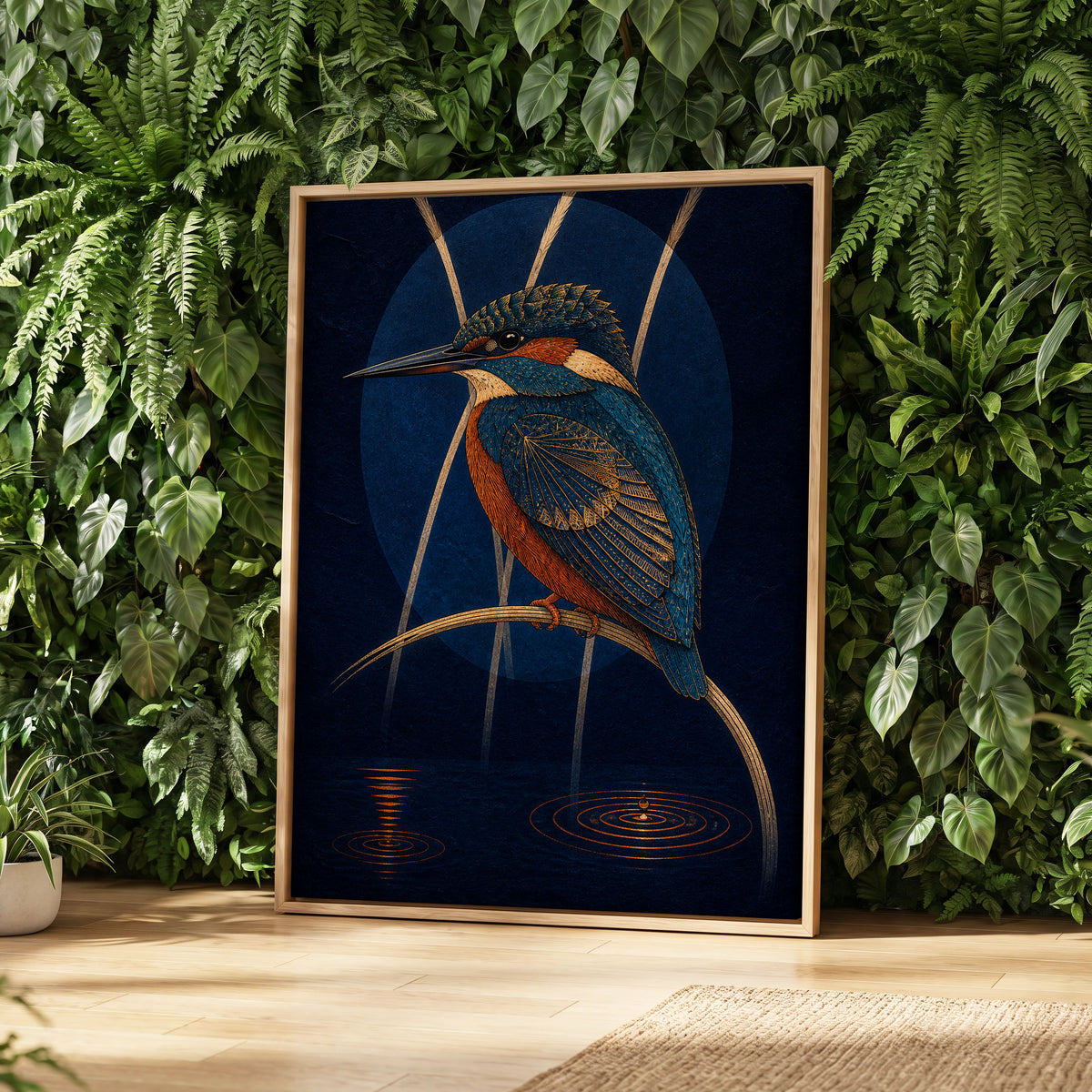 Kingfisher After Dark, blue, orange, gold nature wall art displayed in a styled interior, gallery view 4