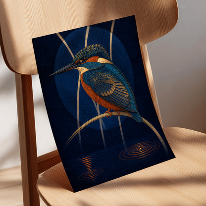 Kingfisher After Dark, blue, orange, gold nature wall art displayed in a styled interior, gallery view 5