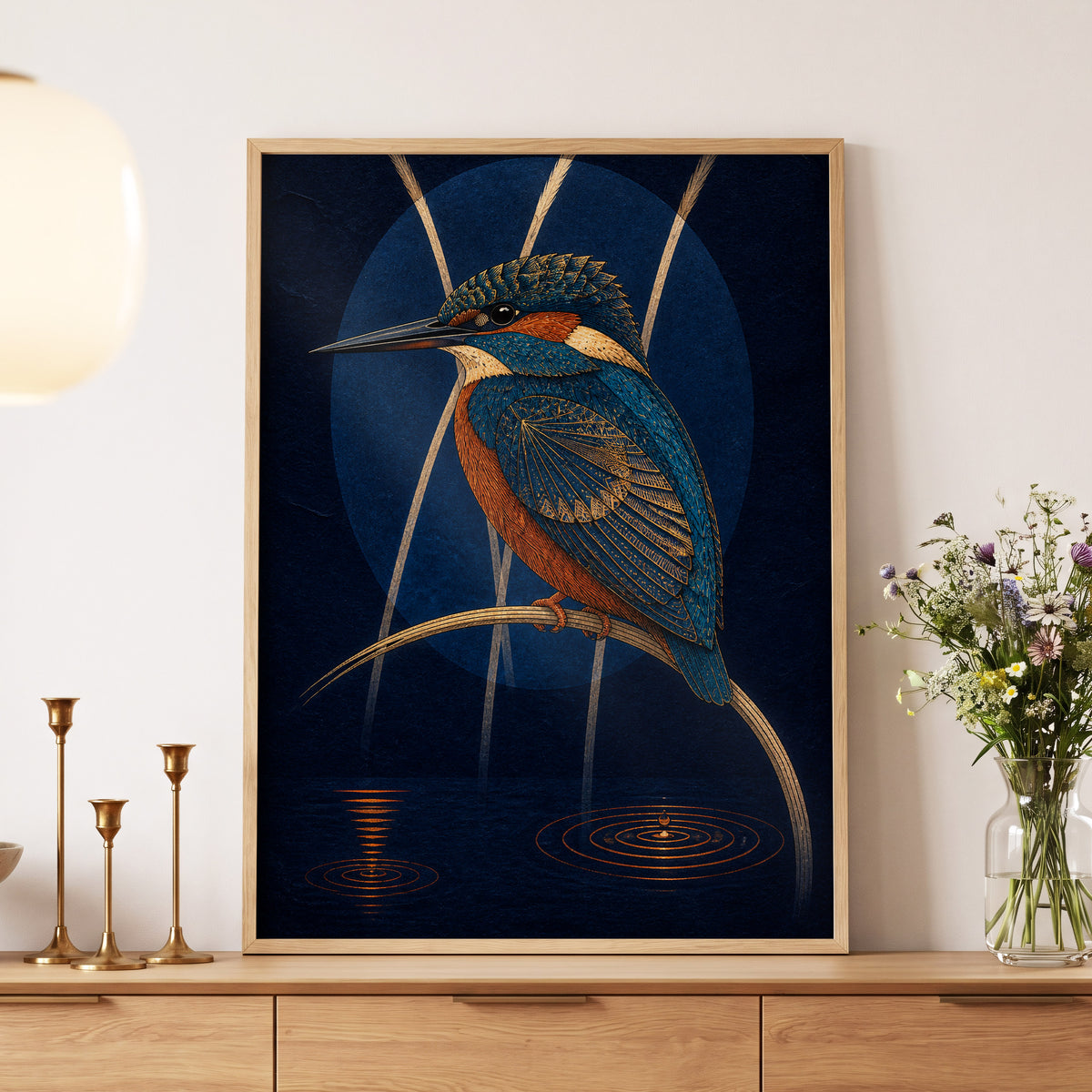 Kingfisher After Dark, blue, orange, gold nature wall art displayed in a styled interior, gallery view 6