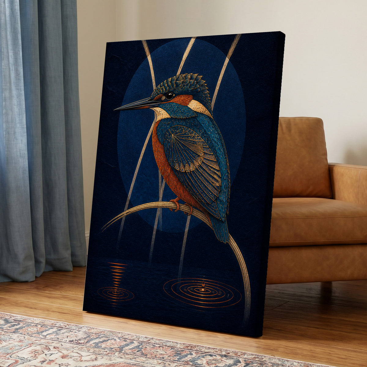 Kingfisher After Dark, blue, orange, gold nature wall art displayed in a styled interior, gallery view 7