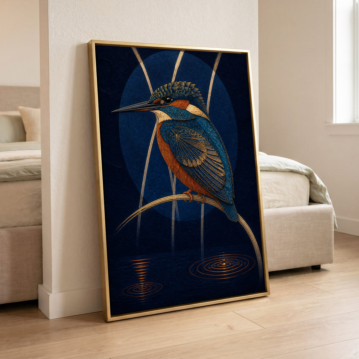 Kingfisher After Dark, blue, orange, gold nature wall art displayed in a styled interior, gallery view 8