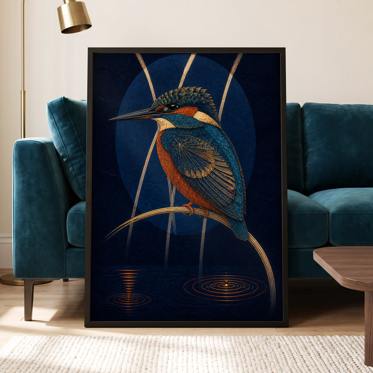 Kingfisher After Dark, blue, orange, gold nature wall art displayed in a styled interior, gallery view 9