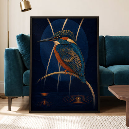 Kingfisher After Dark, blue, orange, gold nature wall art displayed in a styled interior, gallery view 9