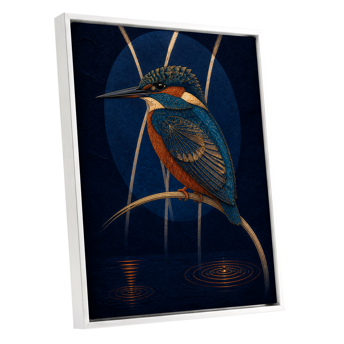 Kingfisher After Dark, blue, orange, gold nature wall art shown as a white framed canvas wall art