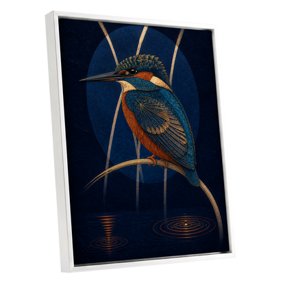 Kingfisher After Dark, blue, orange, gold nature wall art shown as a white framed canvas wall art