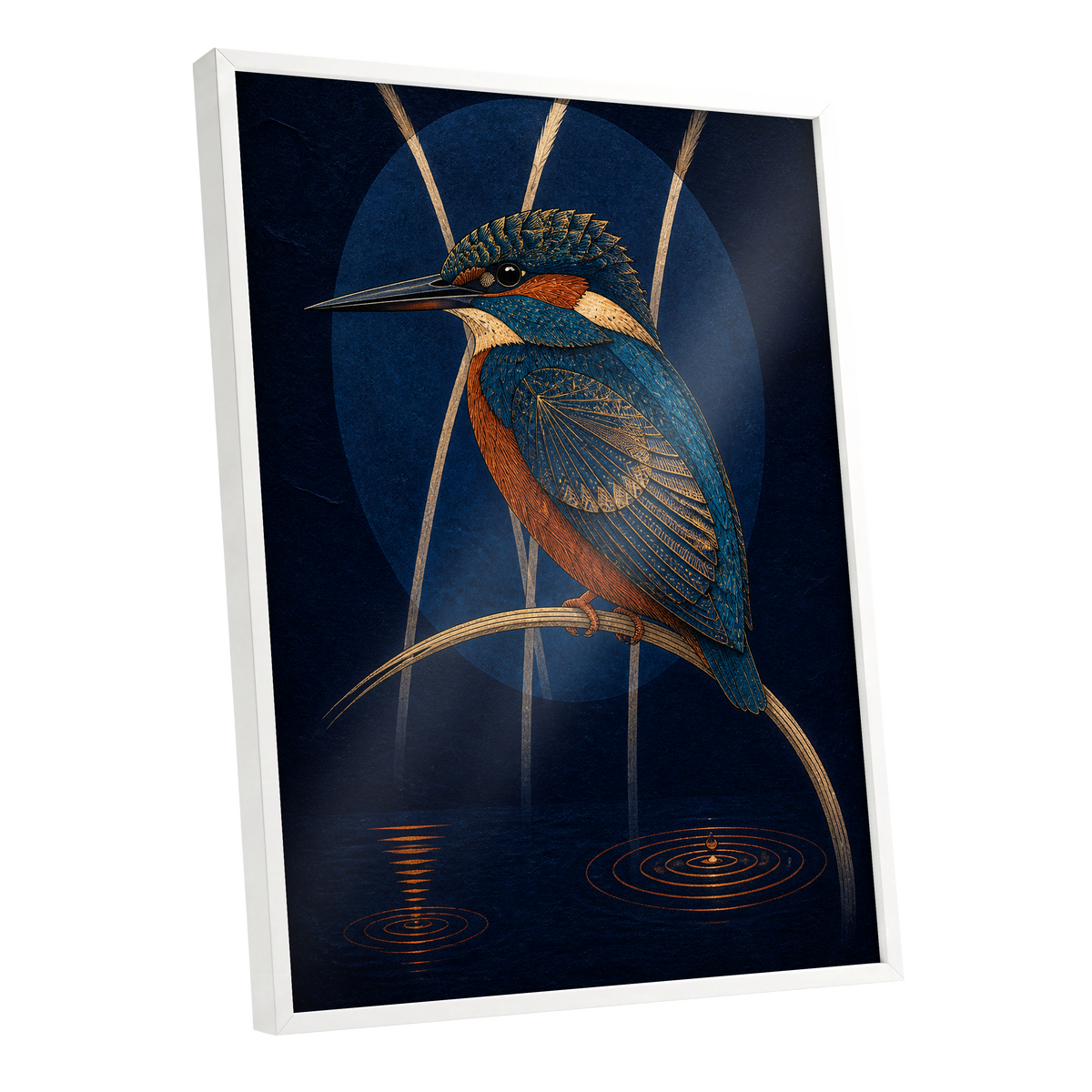 Kingfisher After Dark, blue, orange, gold nature wall art shown as a white framed poster wall art print