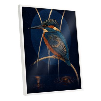 Kingfisher After Dark, blue, orange, gold nature wall art shown as a white framed poster wall art print