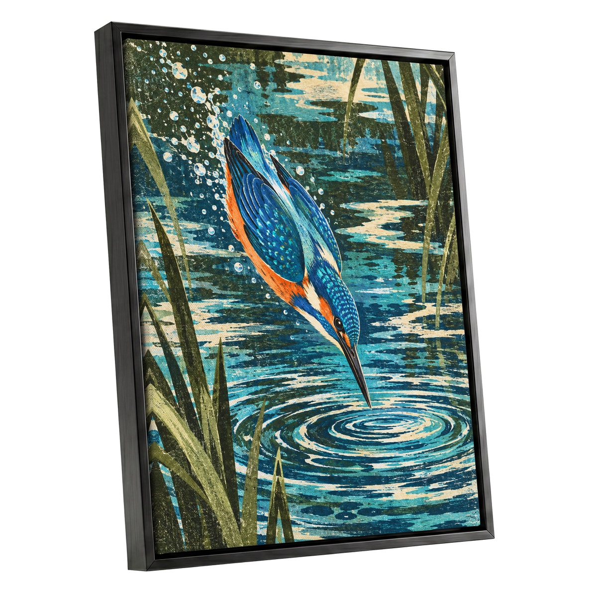 Kingfisher in Motion, blue, orange, green nature wall art shown as a black framed canvas wall art