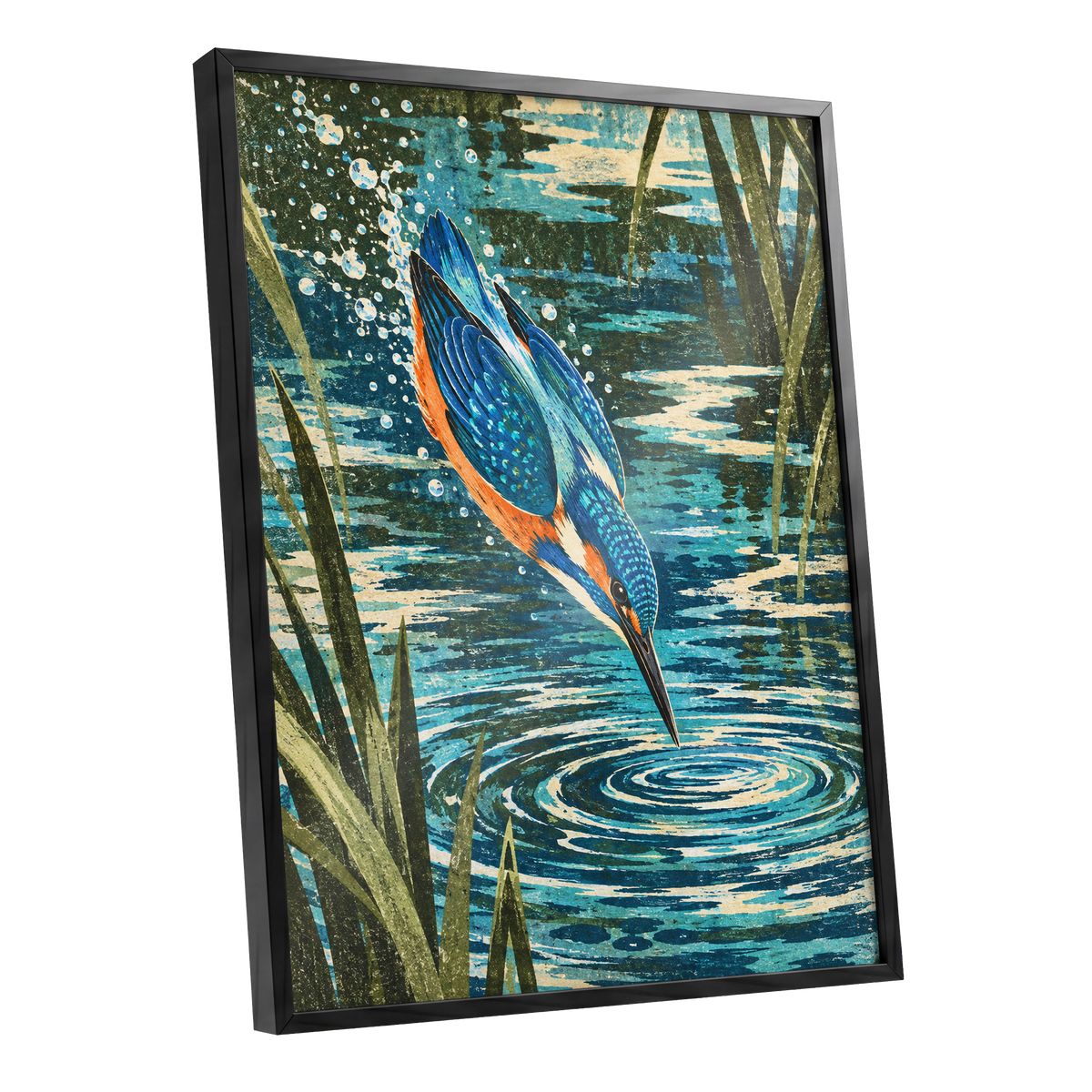 Kingfisher in Motion, blue, orange, green nature wall art shown as a black framed poster wall art print