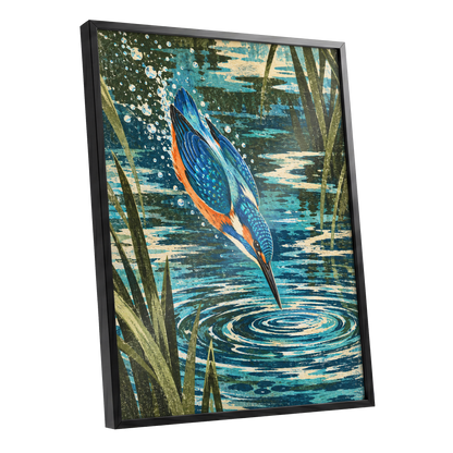 Kingfisher in Motion, blue, orange, green nature wall art shown as a black framed poster wall art print