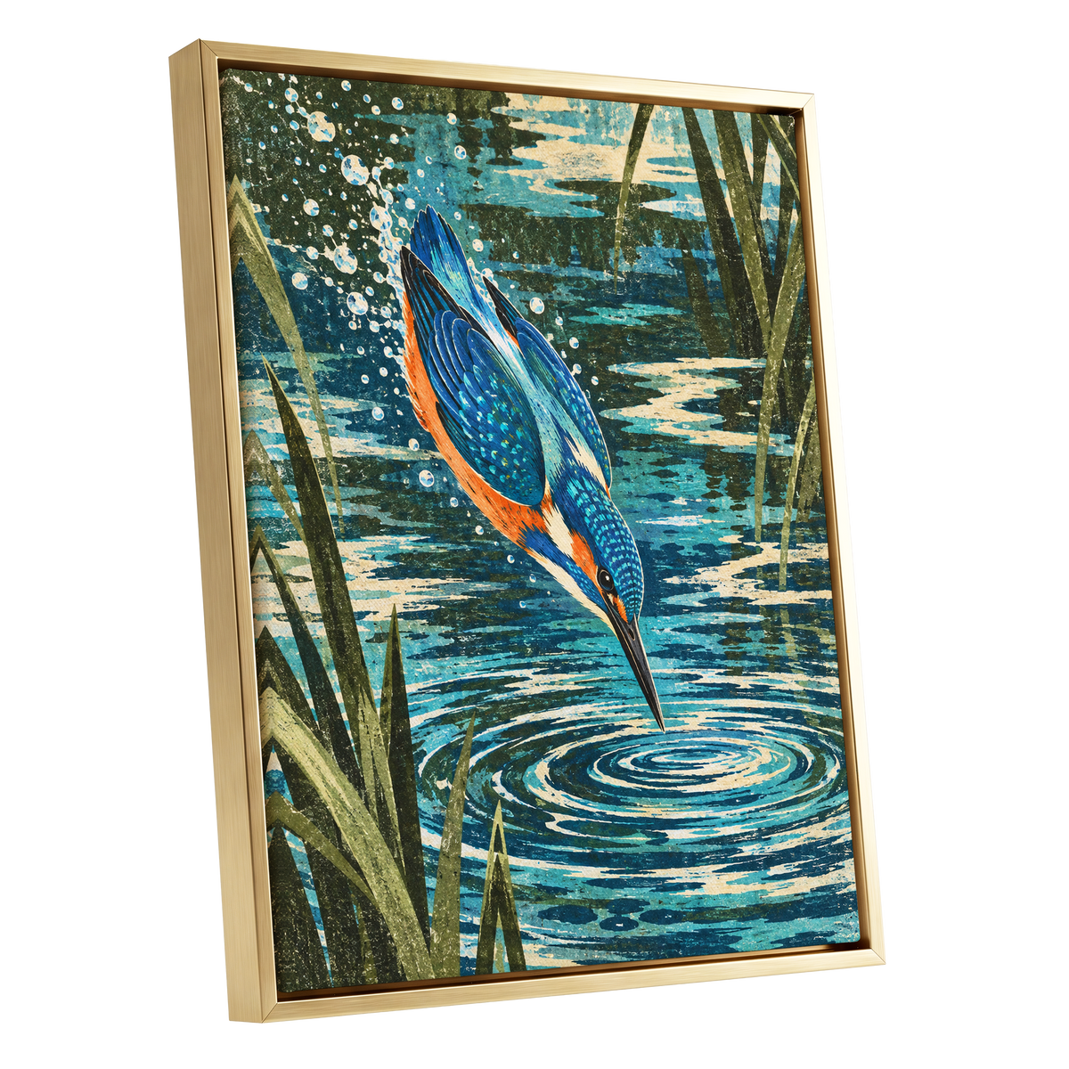 Kingfisher in Motion, blue, orange, green nature wall art shown as a gold framed canvas wall art
