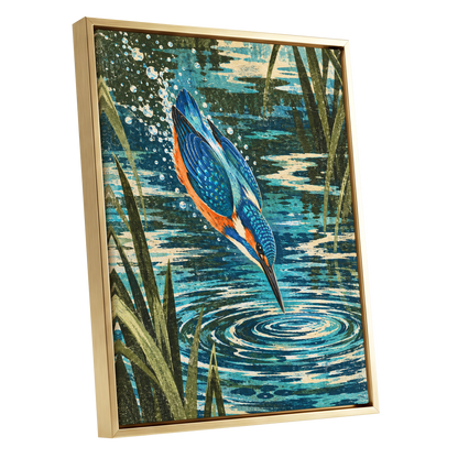 Kingfisher in Motion, blue, orange, green nature wall art shown as a gold framed canvas wall art