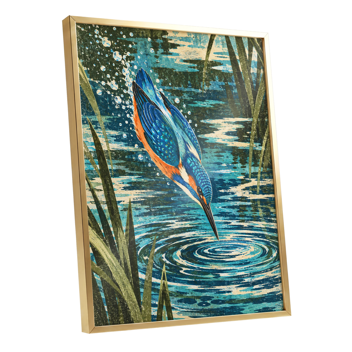 Kingfisher in Motion, blue, orange, green nature wall art shown as a gold framed poster wall art print