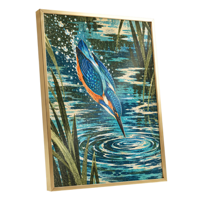 Kingfisher in Motion, blue, orange, green nature wall art shown as a gold framed poster wall art print