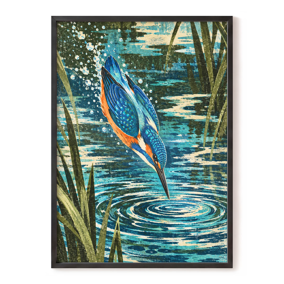 Kingfisher in Motion, blue, orange, green nature wall art, front artwork view