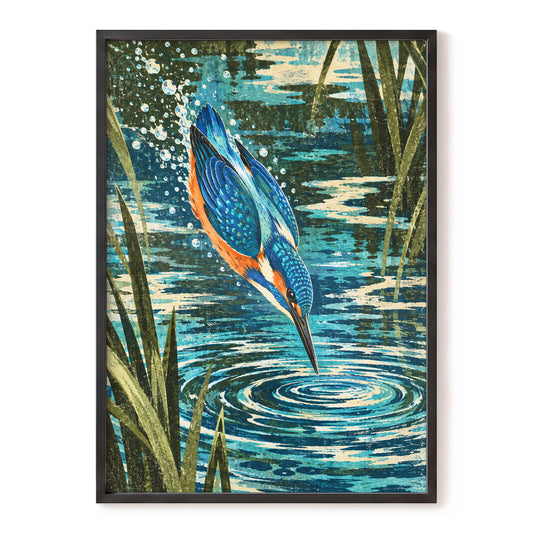 Kingfisher in Motion, blue, orange, green nature wall art, front artwork view