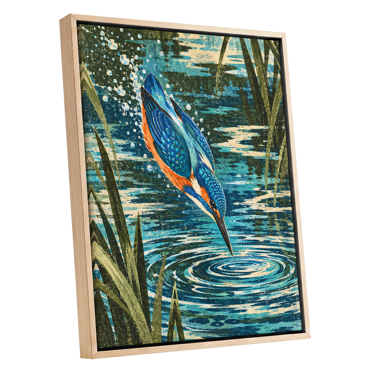 Kingfisher in Motion, blue, orange, green nature wall art shown as a oak framed canvas wall art