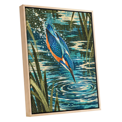 Kingfisher in Motion, blue, orange, green nature wall art shown as a oak framed canvas wall art