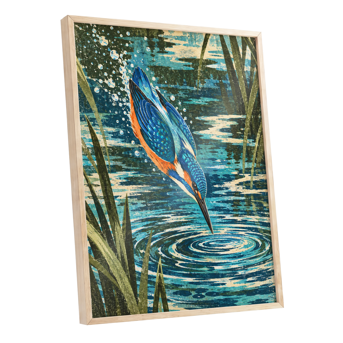 Kingfisher in Motion, blue, orange, green nature wall art shown as a oak framed poster wall art print
