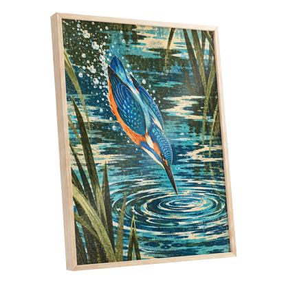 Kingfisher in Motion, blue, orange, green nature wall art shown as a oak framed poster wall art print
