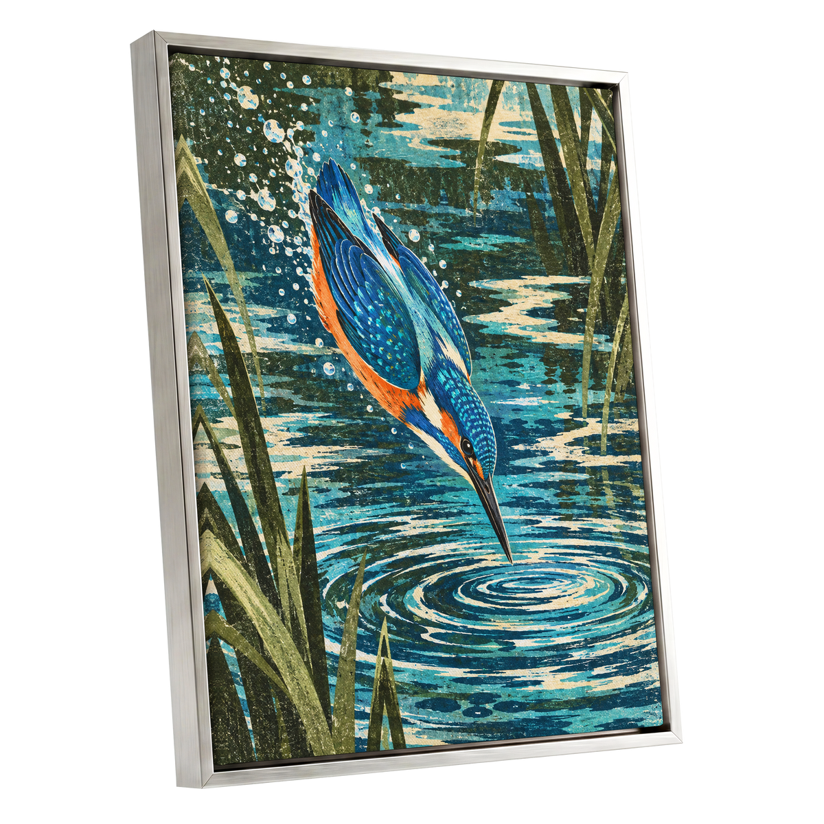 Kingfisher in Motion, blue, orange, green nature wall art shown as a silver framed canvas wall art