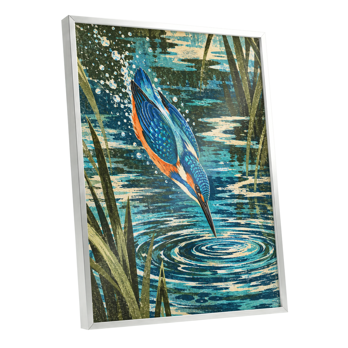Kingfisher in Motion, blue, orange, green nature wall art shown as a silver framed poster wall art print