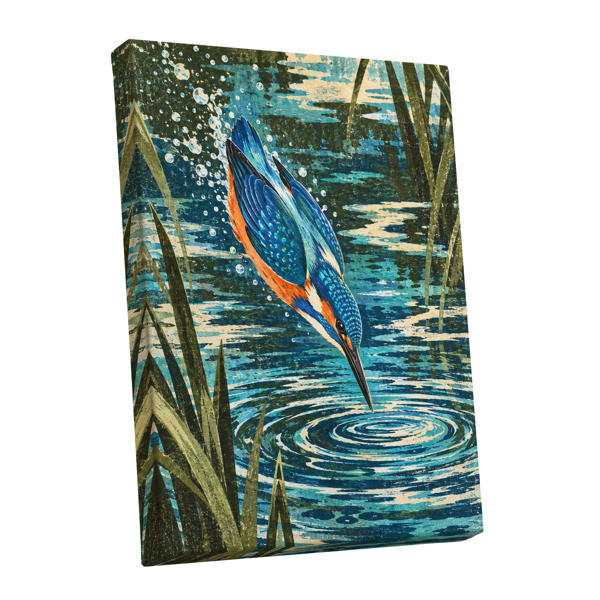 Kingfisher in Motion, blue, orange, green nature wall art shown as a stretched canvas wall art
