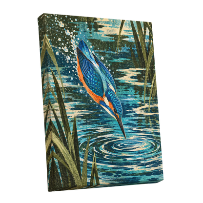 Kingfisher in Motion, blue, orange, green nature wall art shown as a stretched canvas wall art