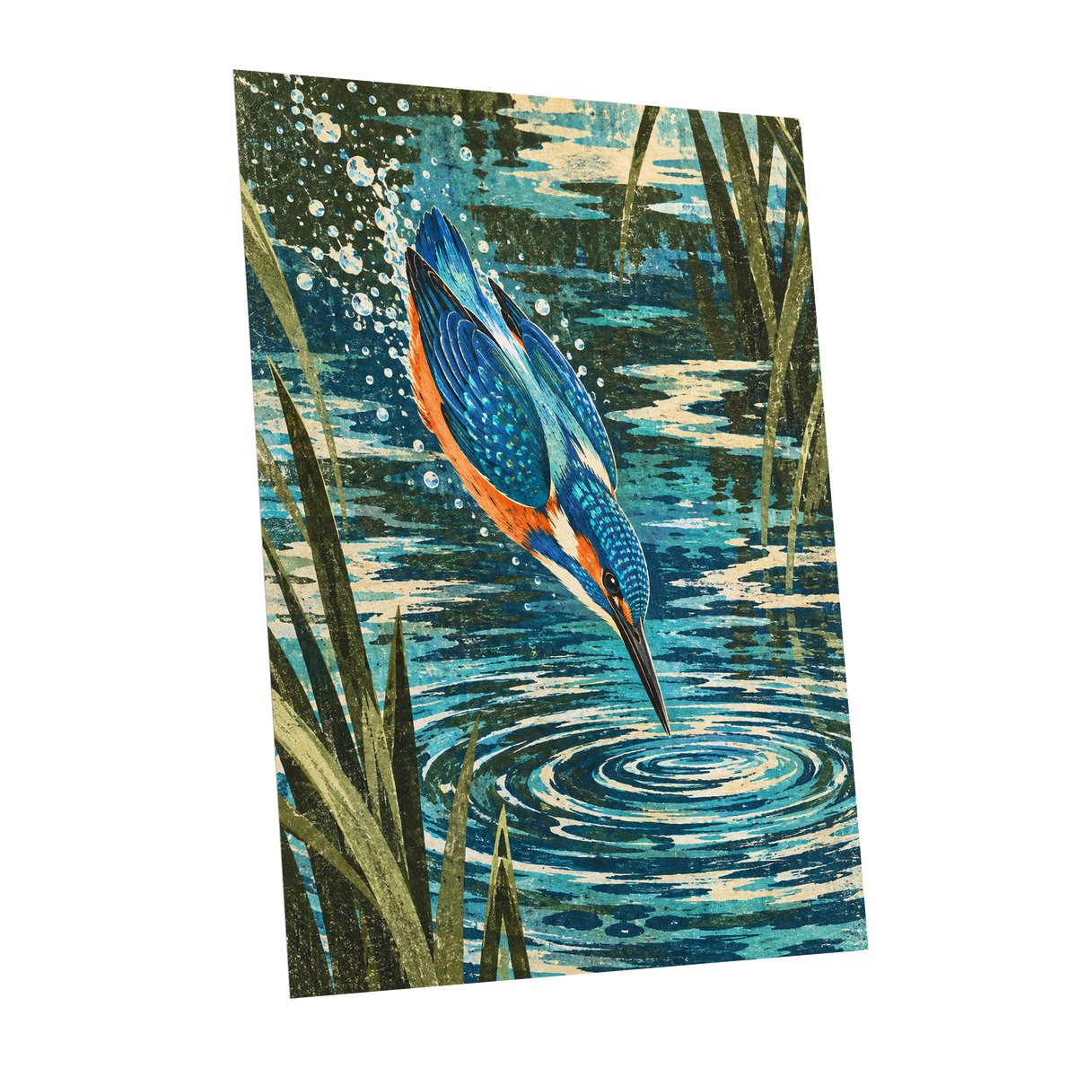 Kingfisher in Motion, blue, orange, green nature wall art shown as a unframed poster wall art print