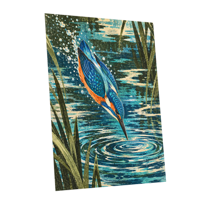 Kingfisher in Motion, blue, orange, green nature wall art shown as a unframed poster wall art print