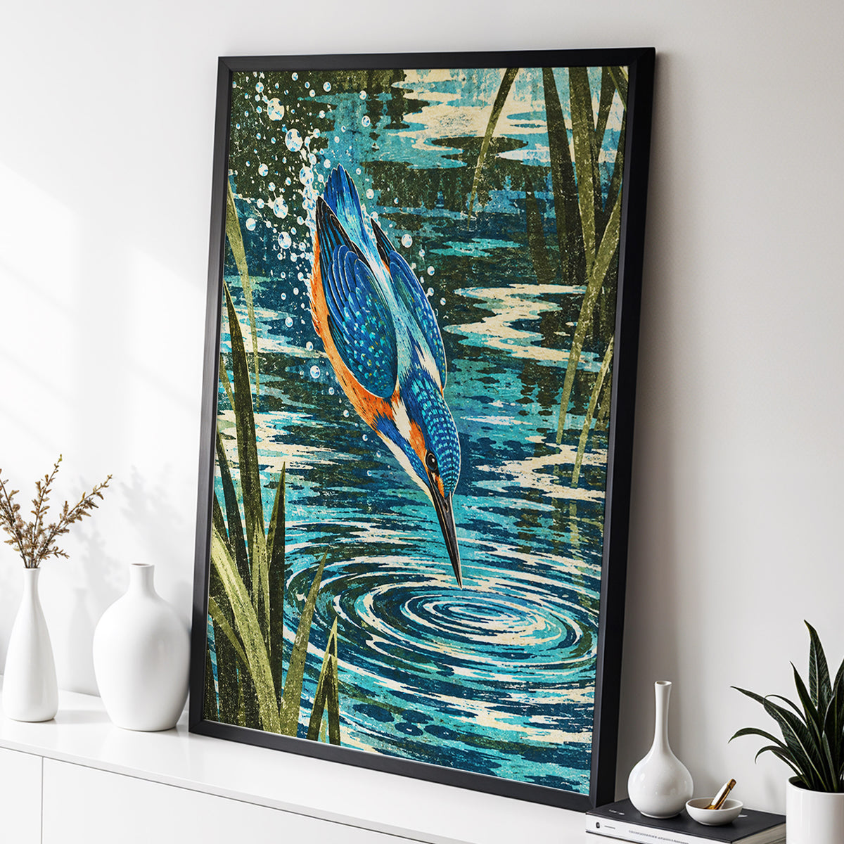 Kingfisher in Motion, blue, orange, green nature wall art displayed in a styled interior, gallery view 2